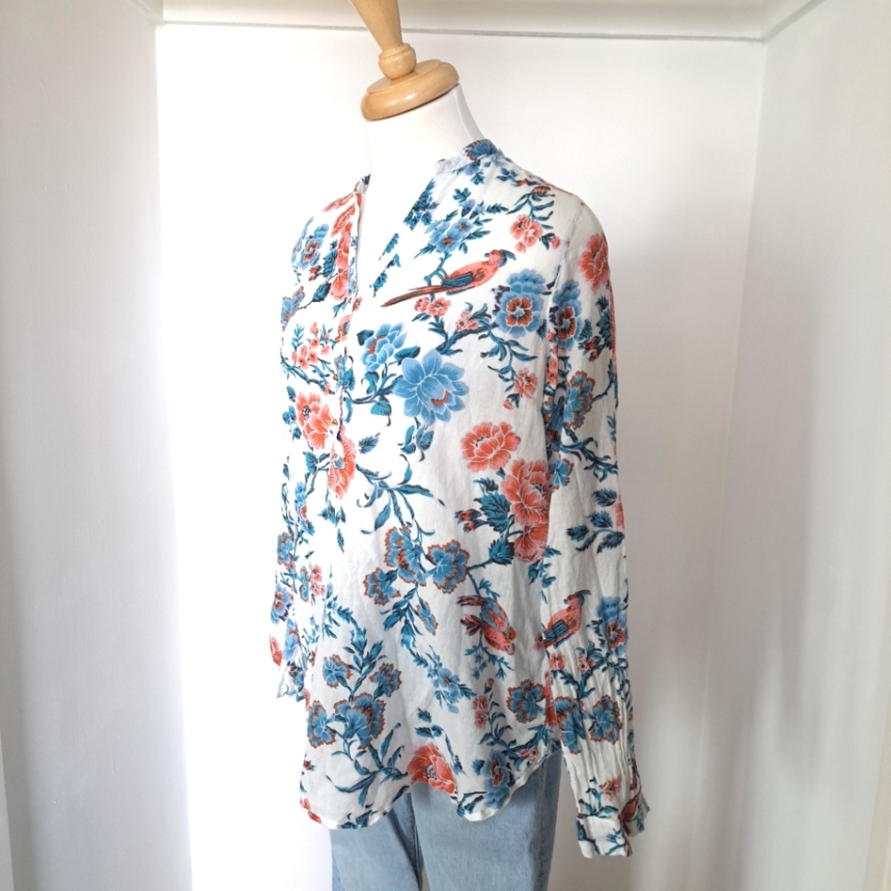 Cotton Daisy | White floral with birds blue & pink gold button up v neck blouse